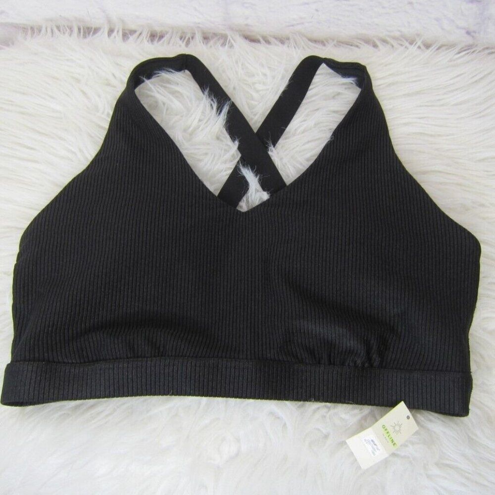 OFFLINE By Aerie V-Neck Cross Back Ribbed Sports Bra Black XL New!